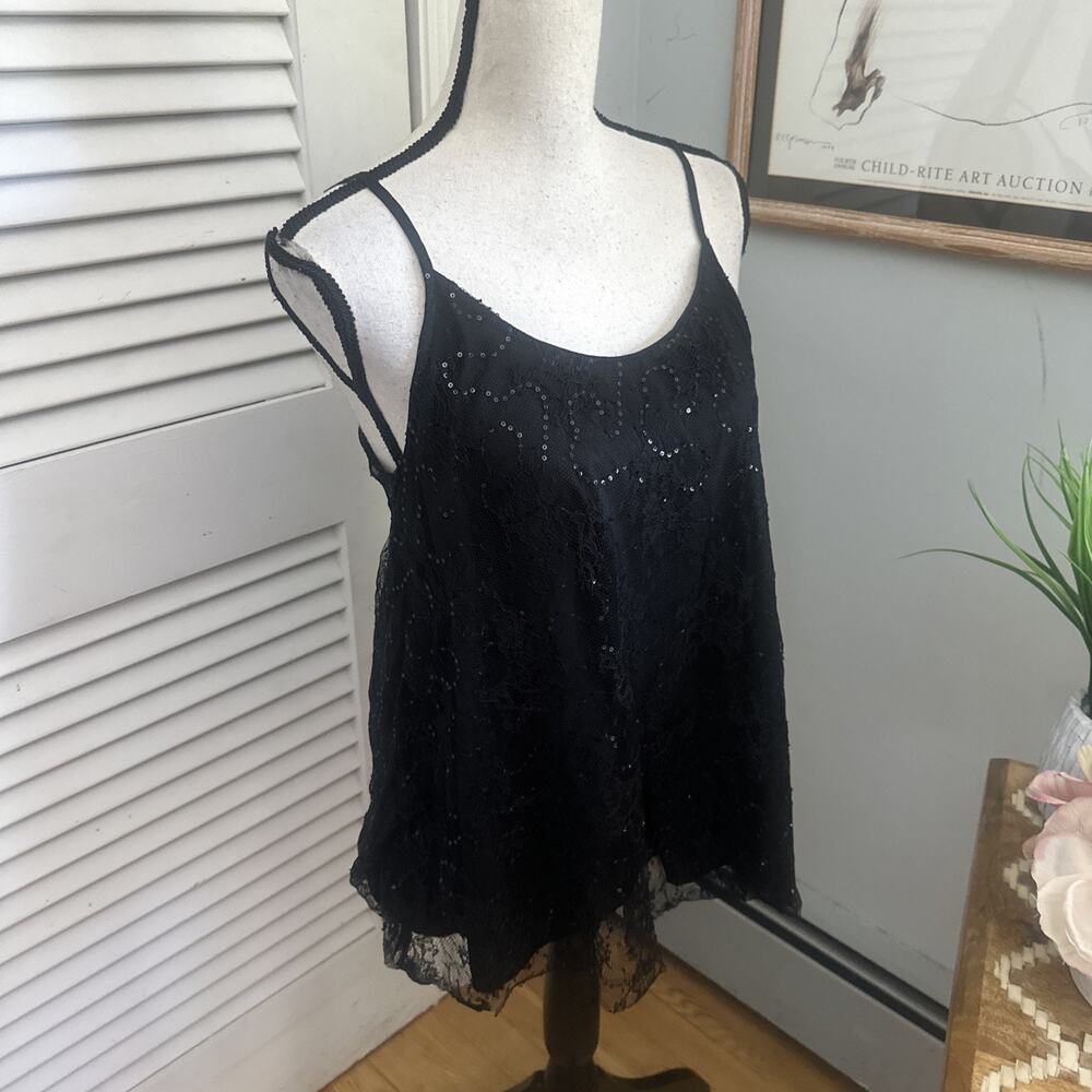 S Deer Top Womens Medium Black Lace Sequin Strappy Cami Y2K Indie Sleaze Goth